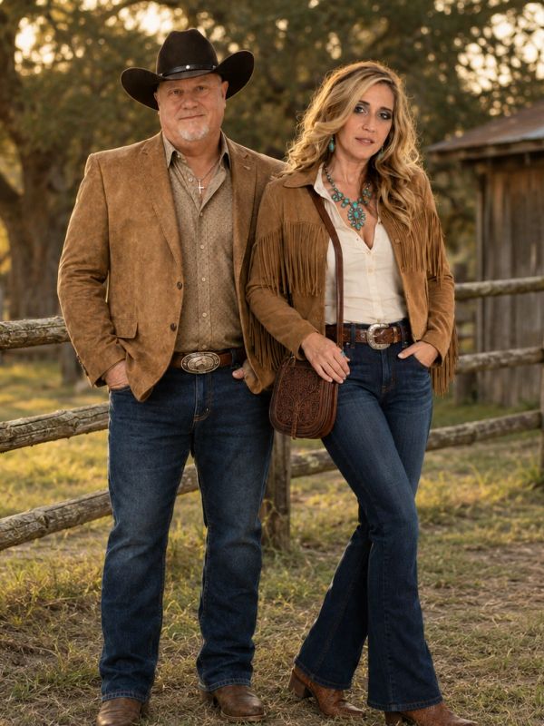 Paul and Jennifer Chaples stand against a rustic ranch backdrop, reflecting the spirit of Two Worlds Ranch—western tradition, hard work, partnership, and a shared vision for creating a place where land, community, and legacy come together.
