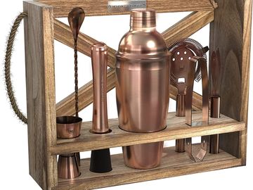 Mixology Bartender Kit: 11-Piece Bar Tool Set with Rustic Wood Stand |  Perfect Home Bartending Kit and Cocktail Shaker Set for a True Drink Mixing