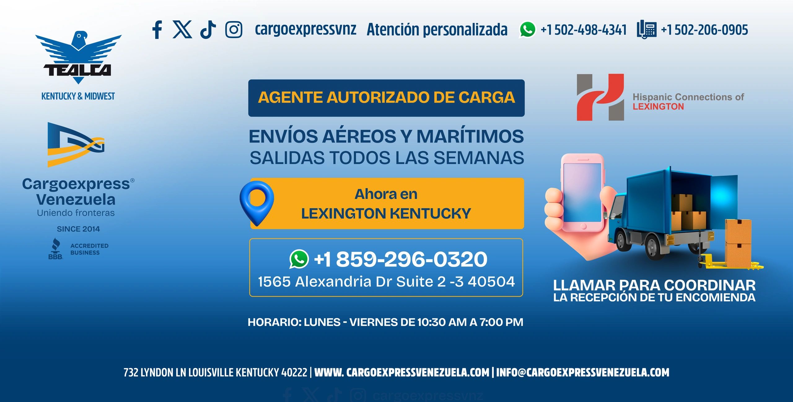 Servicio de envíos aéreos y marítimos en Lexington, Kentucky, con atención personalizada y contacto por WhatsApp.
