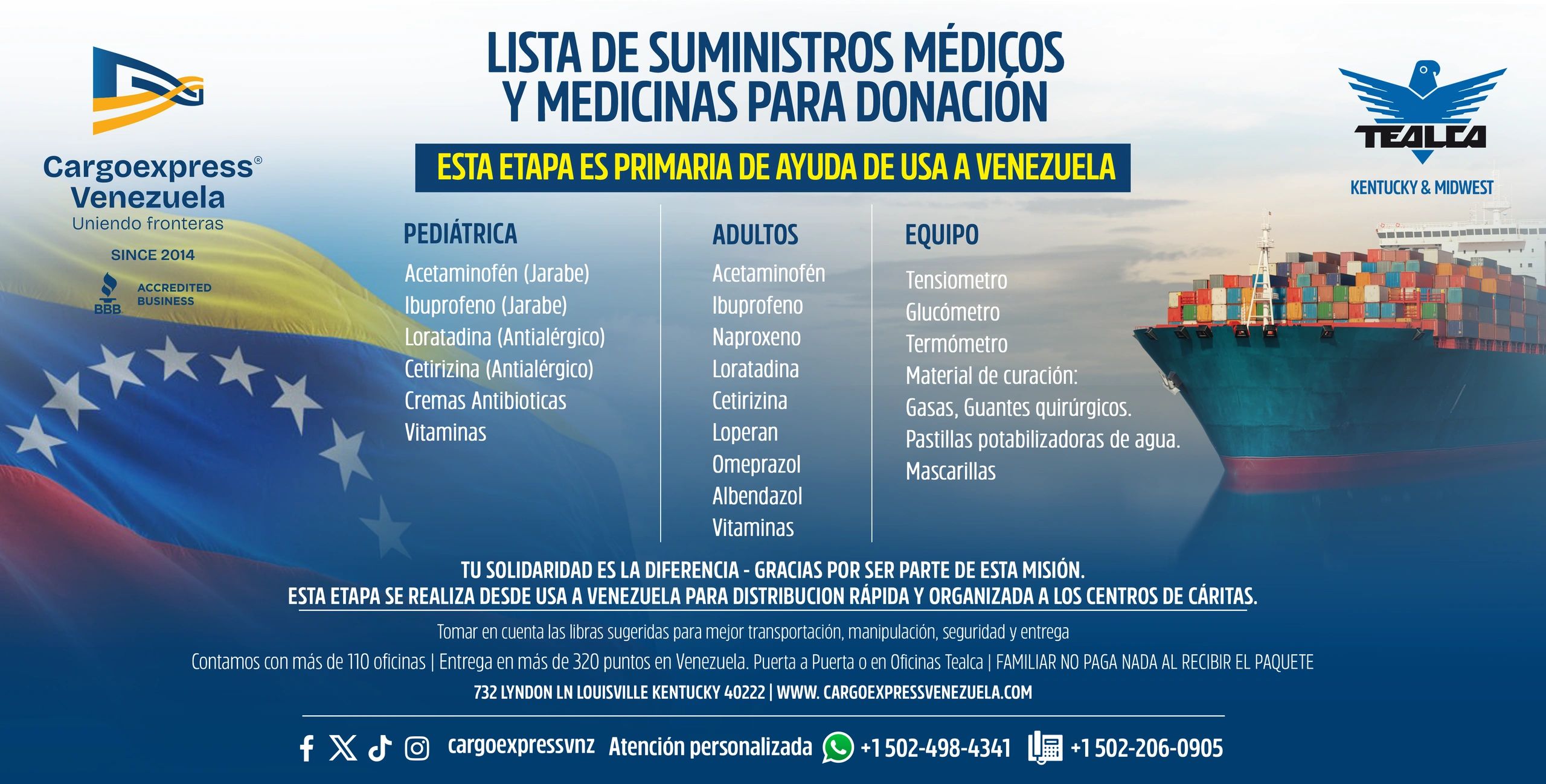 Lista de suministros médicos y medicinas para donación de USA a Venezuela.