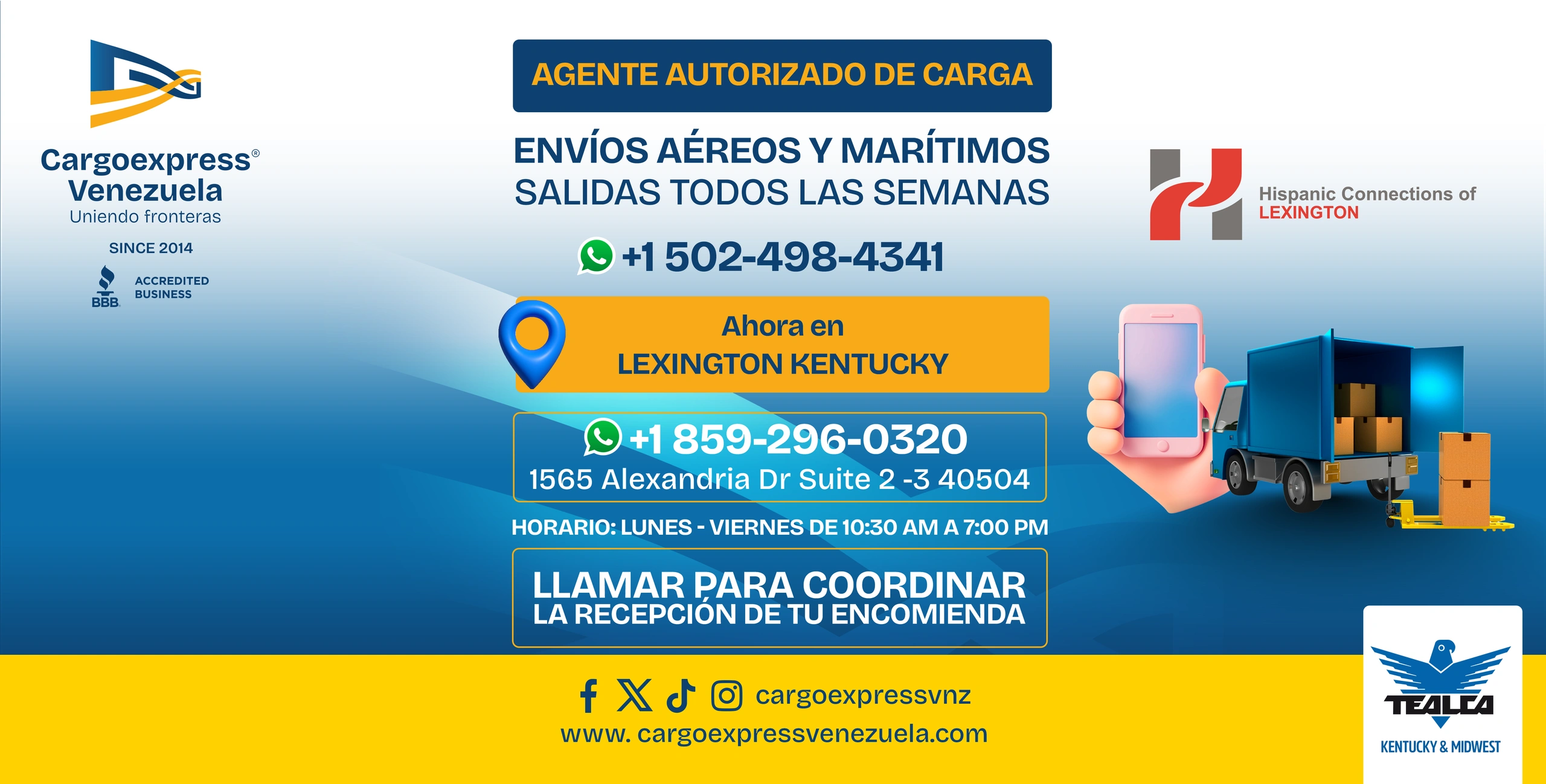 Publicidad de servicios de envíos aéreos y marítimos de Cargoexpress Venezuela en Lexington, Kentucky.