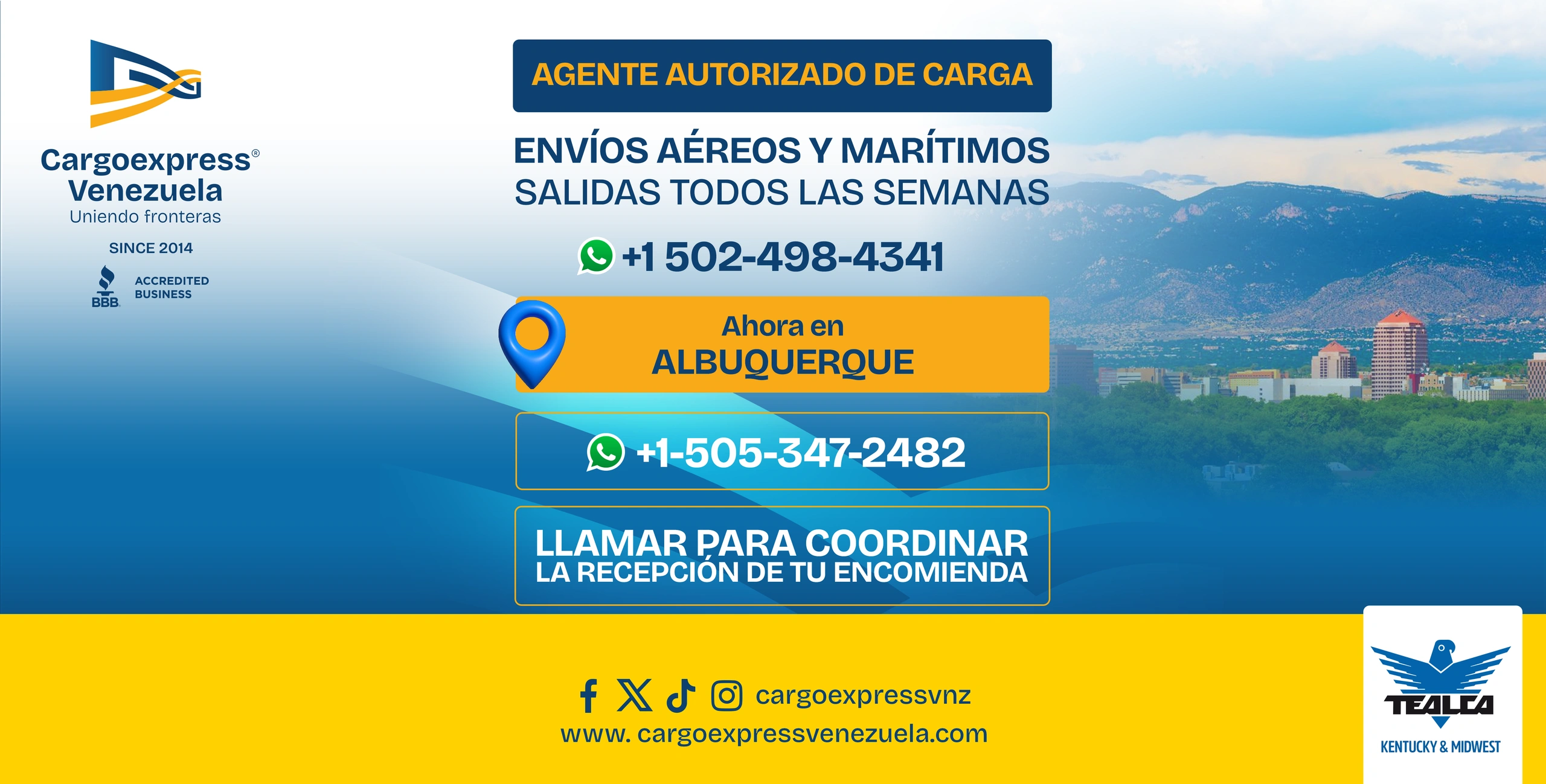 Publicidad de servicios de envíos aéreos y marítimos de Cargoexpress Venezuela en Albuquerque.