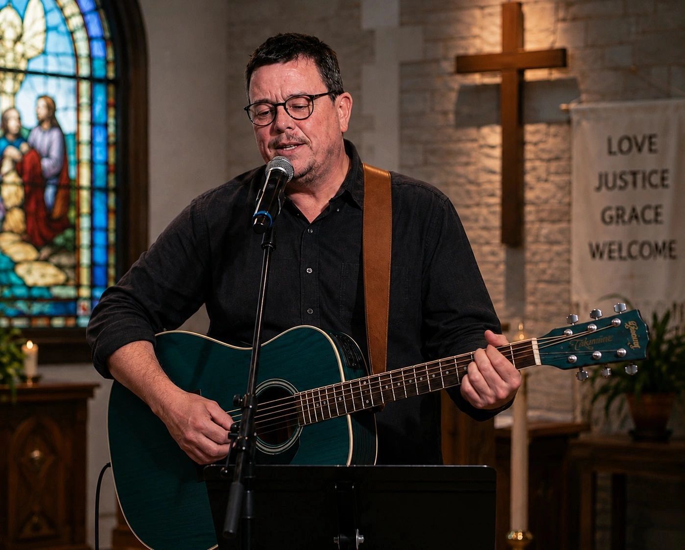 Man playing guitar and singing in a church.