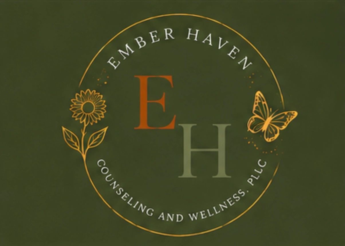 Logo for Ember Haven Counseling and Wellness, featuring a flower and butterfly.