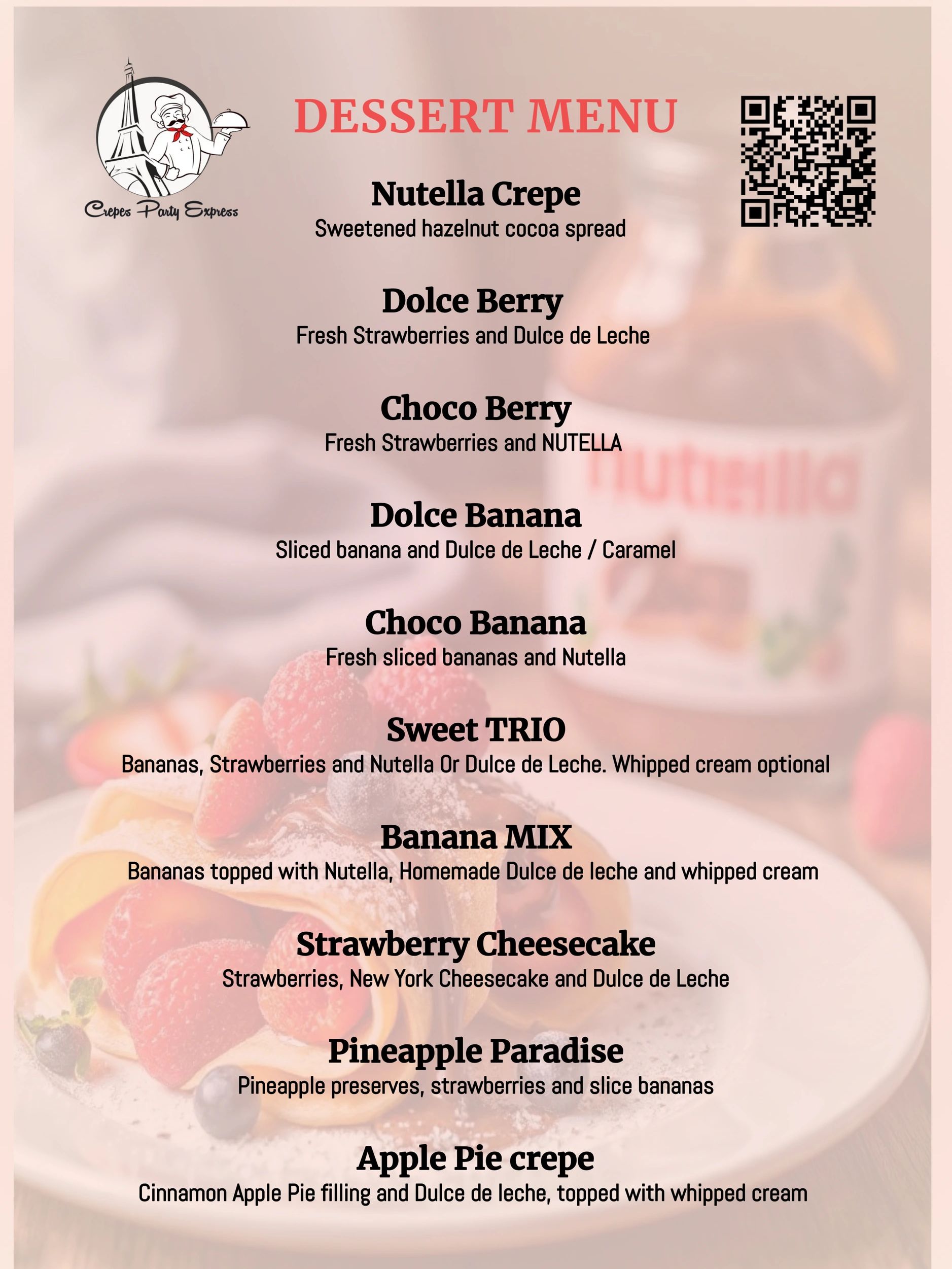 Dessert menu featuring Nutella crepes, berries, bananas, and more with optional whipped cream.