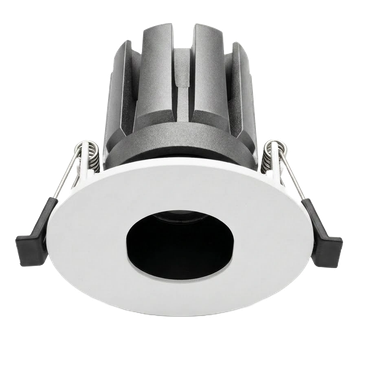 Recessed LED downlight fixture with heat sink and spring clips.
