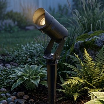Outdoor garden spotlight illuminating plants.