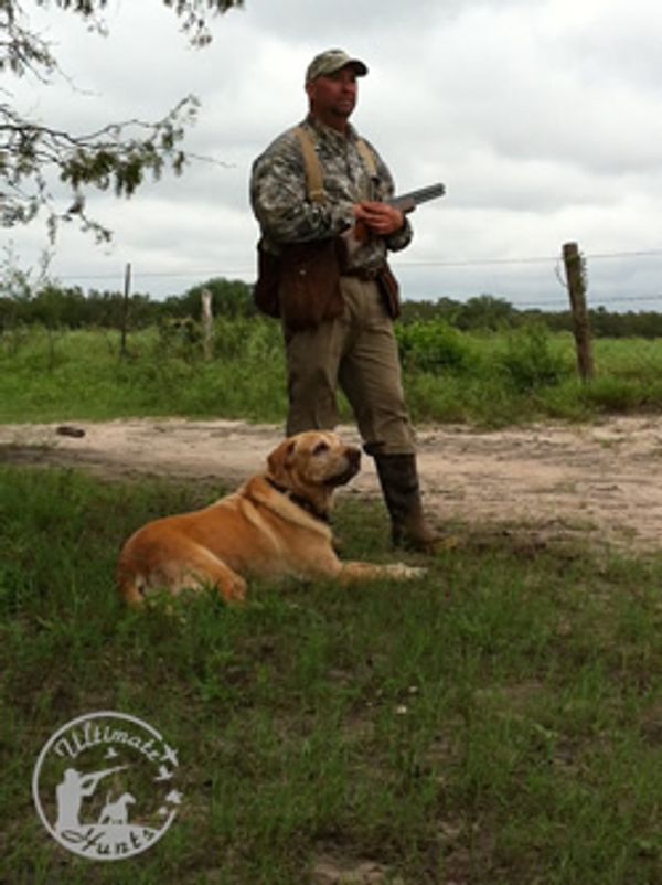Man in hunting gear with a dog in a field.