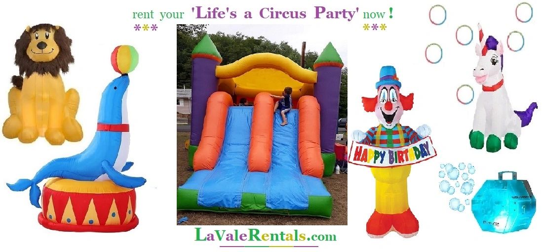 'Life's a Circus', throw a party!  6ft  Lion, 5ft Seal, Bounce N Dbl Slide, Unicorn, Bubls Blwr    