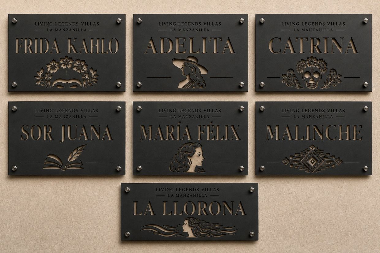 Black plaques with names of iconic Mexican women at Living Legends Villas, La Manzanilla.