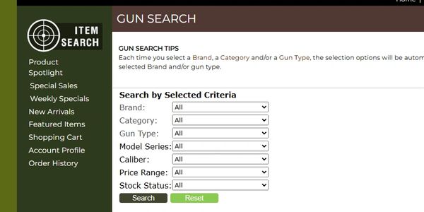 Gun search interface with filters for brand, category, and price.