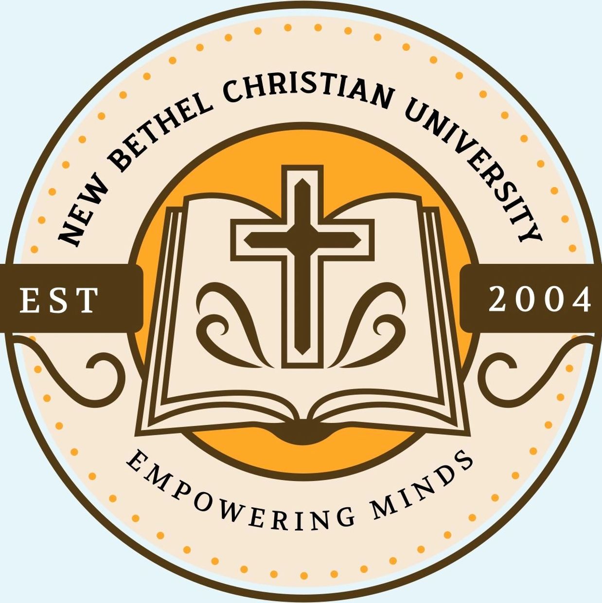 New Bethel Christian University emblem with cross and book.