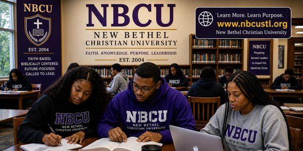Students studying at New Bethel Christian University library.