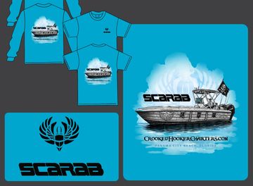Blue Scarab boat-themed T-shirts and logo design.