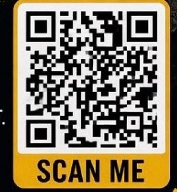 A QR code with 'SCAN ME' text below it on a yellow background.