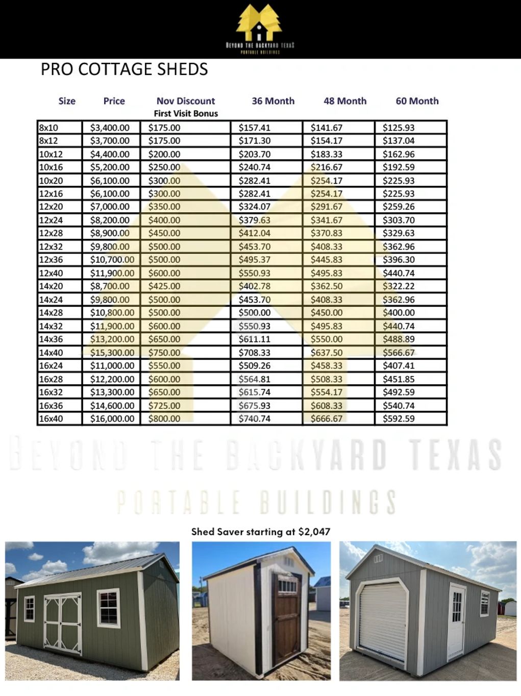 Price listings for pro cottage sheds.