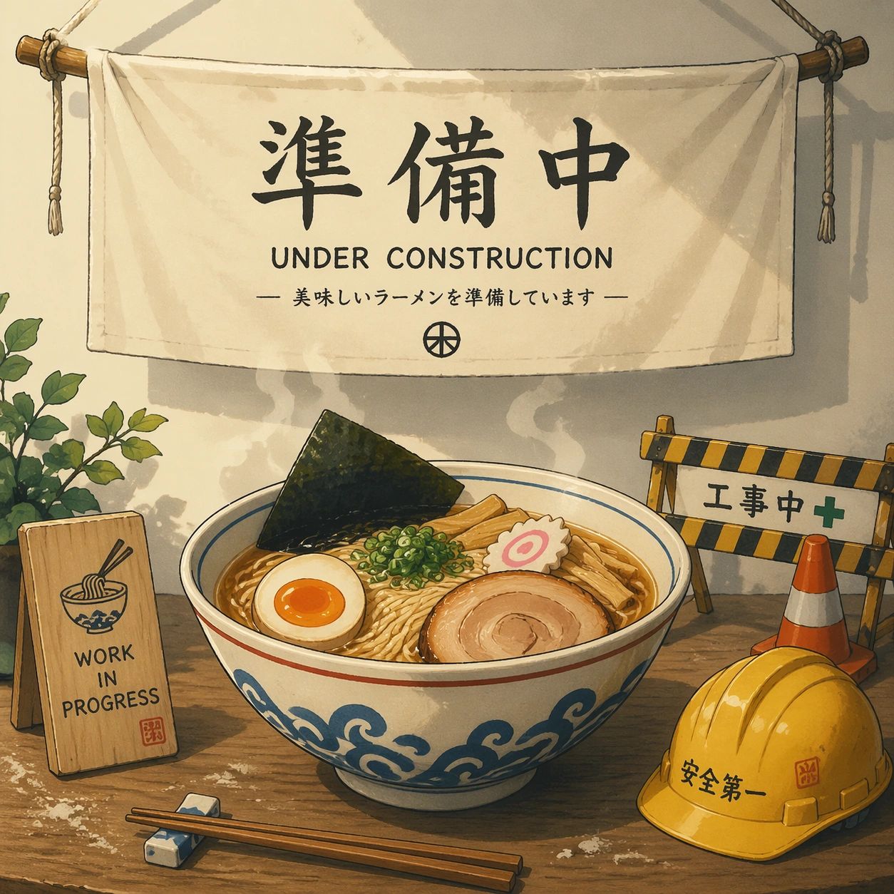 A bowl of ramen with construction signs and tools around it.