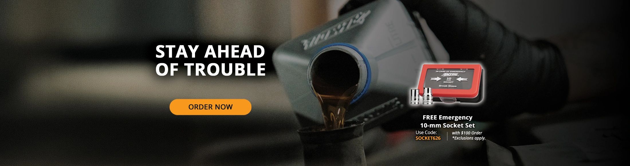 Promotional banner offering a free emergency socket set with $100 order, featuring motor oil pouring.
