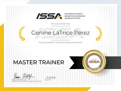 Certificate awarded to Genine LaTrice Perez for Master Trainer by ISSA.