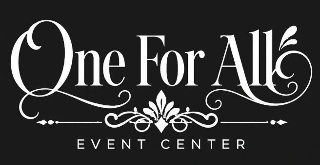 Elegant logo of One For All Event Center with decorative flourishes.