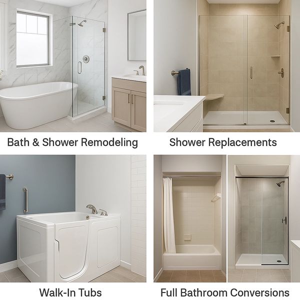 Modern bathroom remodeling options including walk-in tubs and shower replacements.