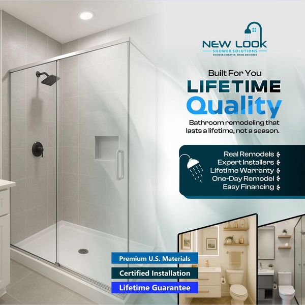 Modern glass shower enclosure promoting lifetime quality bathroom remodeling.