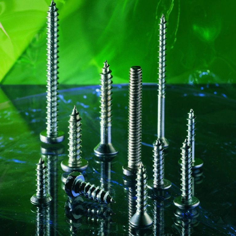 Various metal screws of different sizes arranged on a reflective surface with a green background.