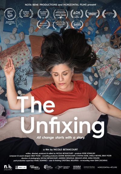 Poster for The Unfixing - woman sleeping on a collage of scattered objects - nails, rocks with wrtti