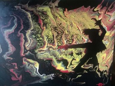 Silhouette of a person dancing against a vibrant, abstract swirling background.