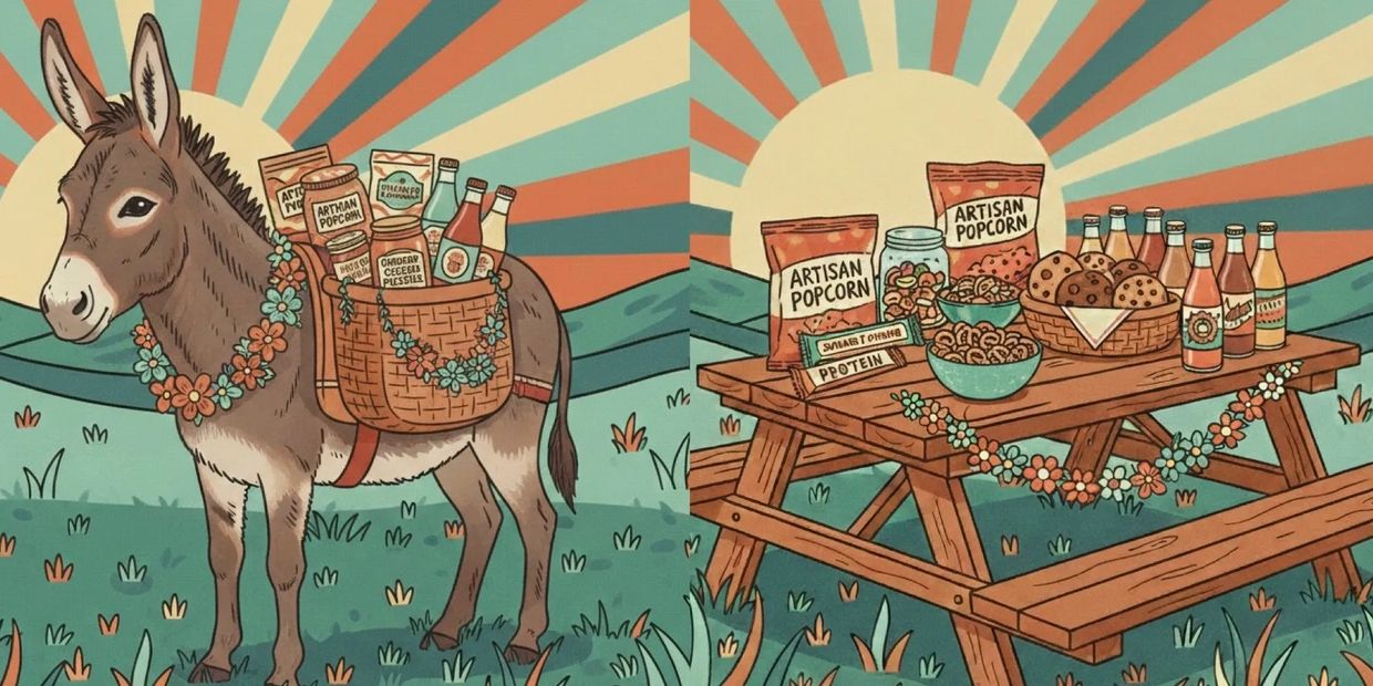 Illustration of a donkey with snacks and a picnic table. 