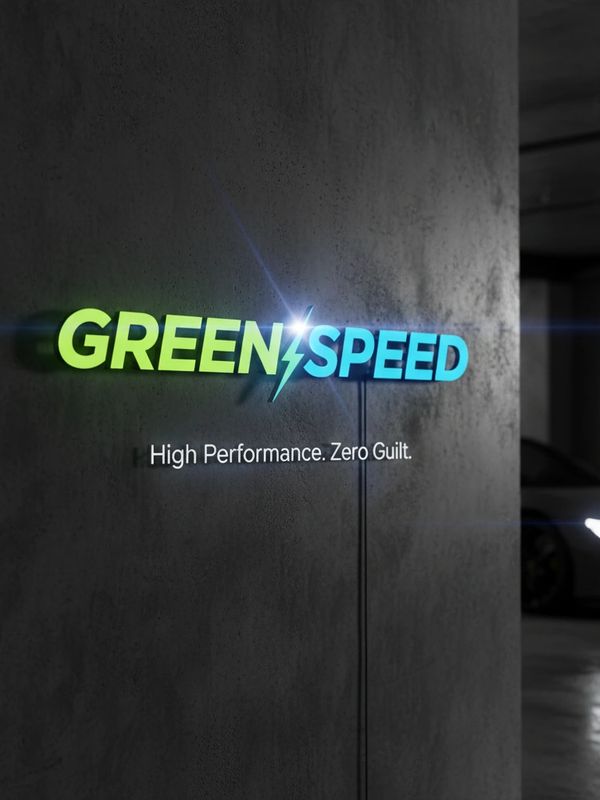 Illuminated Green Speed logo with the tagline High Performance. Zero Guilt on a dark wall. Green Speed Element Detailing Co Sustainability Mission Mobile Detailing in Dubai & Sharjah