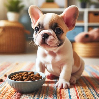 Adorable French Bulldog puppy sitting next to a bowl of dog food indoors.