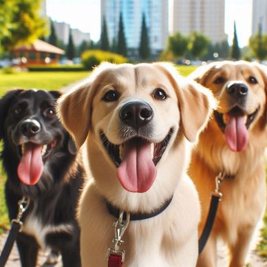 Three happy dogs with tongues out, enjoying a sunny day in the park.