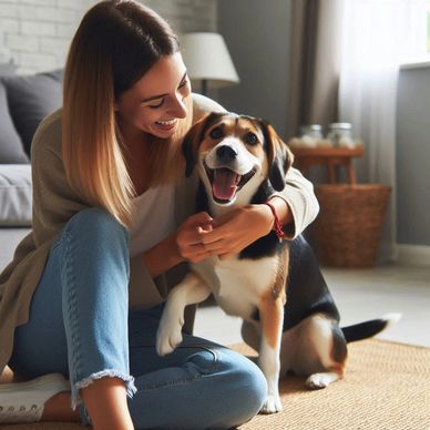 A woman happily hugs her joyful dog indoors.