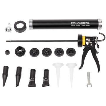 A black Roughneck caulking gun kit with multiple nozzles and accessories.