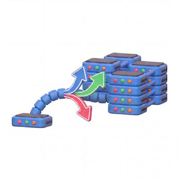3D illustration of load balancing among servers with directional arrows.