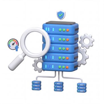 3D illustration of servers with magnifying glass and gears representing data analysis and security.