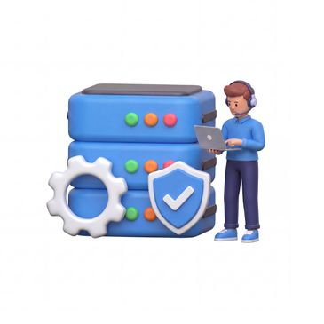 3D illustration of a person with laptop managing secure server data.