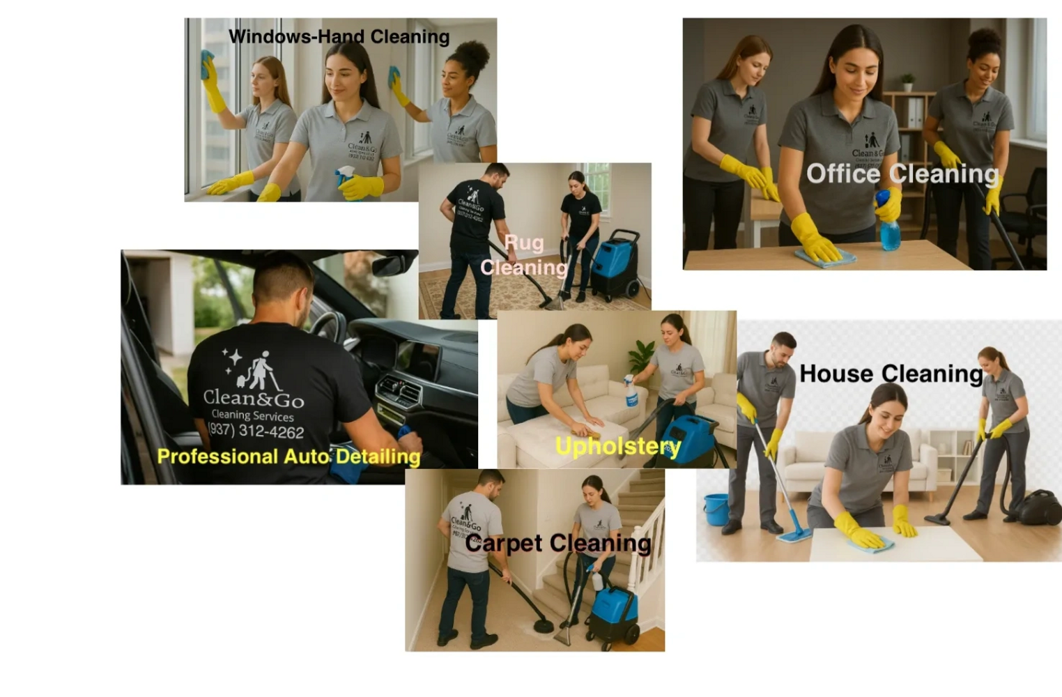 Three women cleaning windows with yellow gloves and spray bottles.