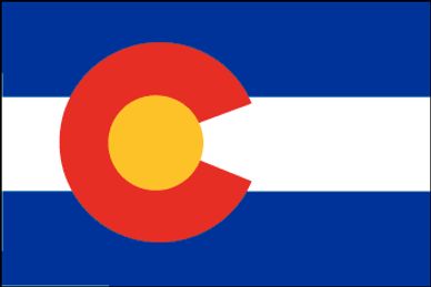 Colorado state flag with red C and yellow circle on blue and white stripes.