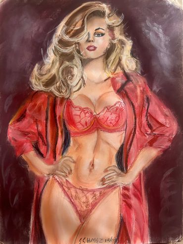 Stylized painting of a woman in red lingerie and robe.