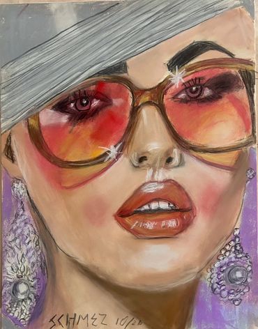 Stylish portrait of a woman with large sunglasses and bold makeup.