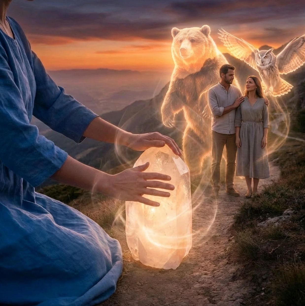 A landscape image of a couple walking. The healer is sending healing to the couple; behind them, spi