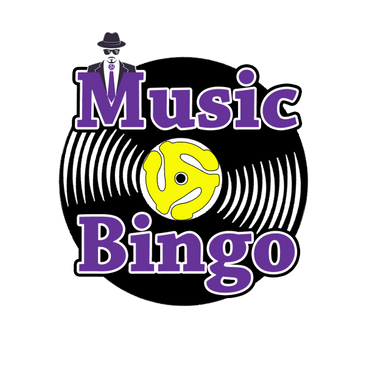 Logo featuring a vinyl record and the text 'Music Bingo' with a mysterious character.