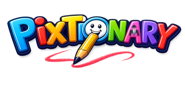 Colorful Pixtonary logo with a cheerful pencil character.