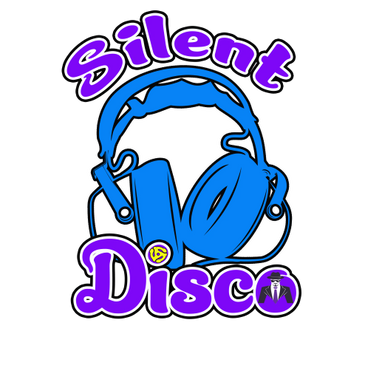 Logo for Silent Disco featuring headphones and vibrant text.