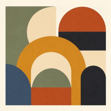 Geometric abstract design with arches and half-circles in earthy tones.