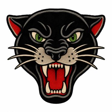 Fierce black panther head with green eyes and open mouth.