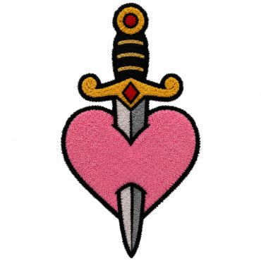 A dagger piercing a pink heart illustration.