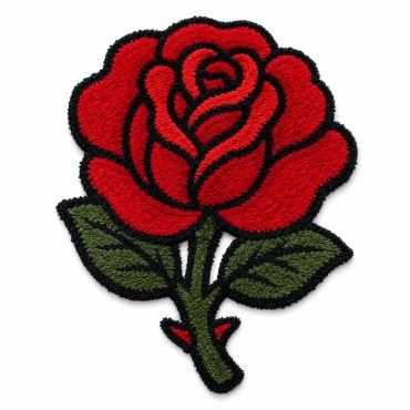 Red rose embroidered patch with green leaves.